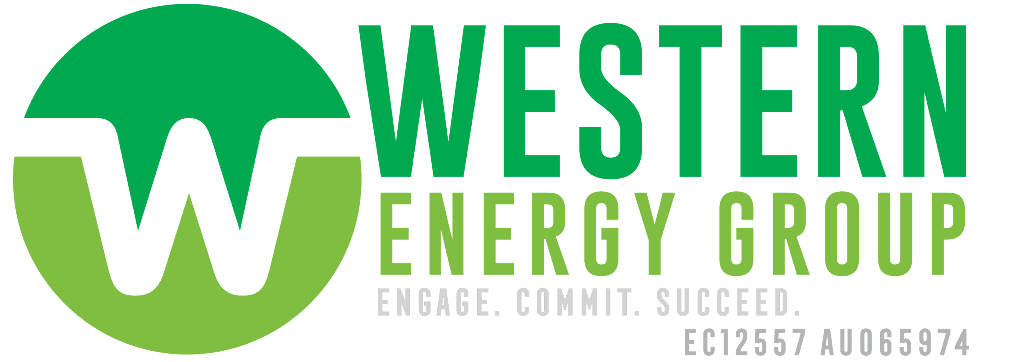 Logo for Western Energy Group featuring a large stylized "W" inside a green circle, with the company name in bold green text and the tagline "Engage. Commit. Succeed." along with the code EC12557 AU065974.